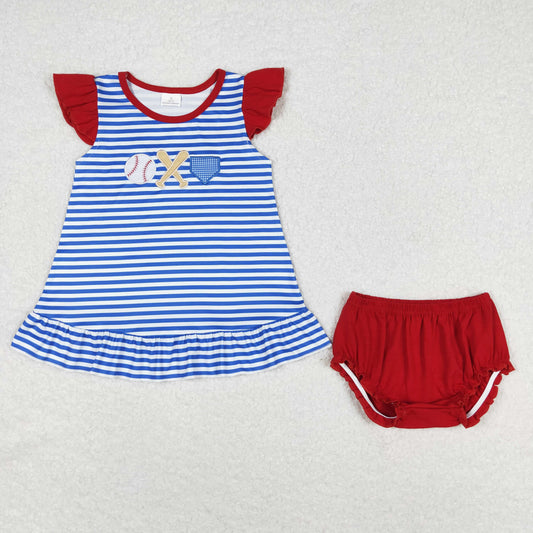 Baby Girl Embroidery Baseball Stripes Tops Red Bummies Shorts Summer Set