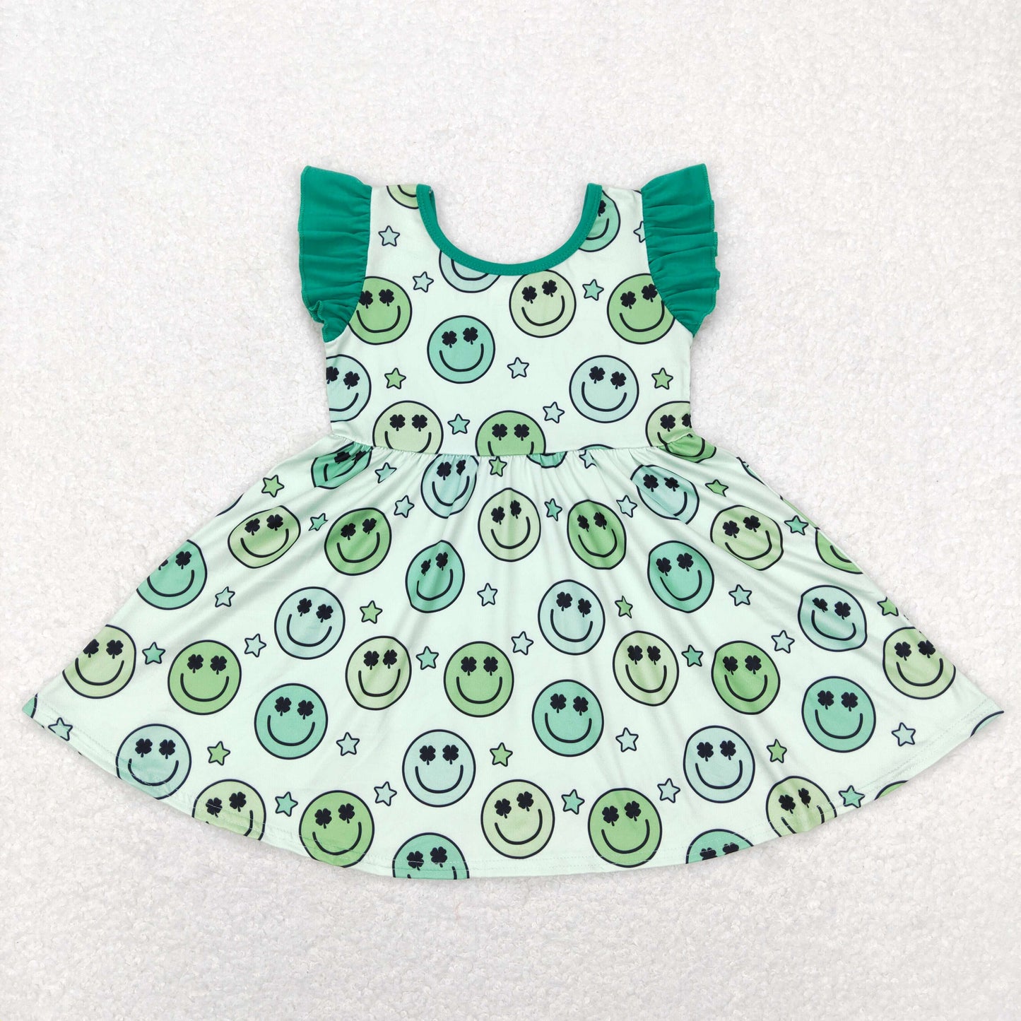 GSD0643 St. Patrick's Day Baby Girl Short Sleeves Face Clover Green Dress