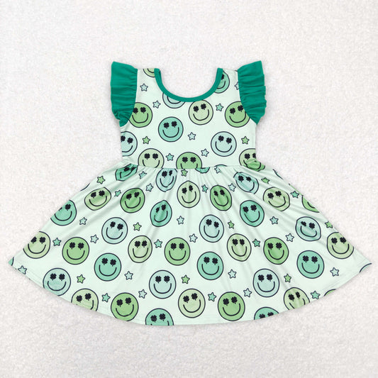 GSD0643 St. Patrick's Day Baby Girl Short Sleeves Face Clover Green Dress