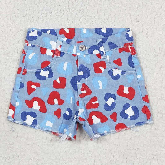 baby girl red blue Leopard Denim Shorts Jeans