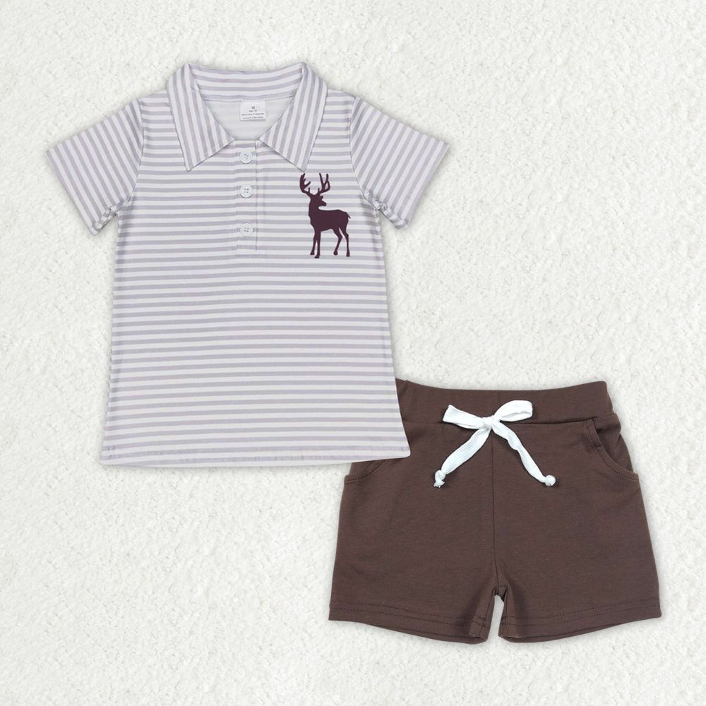 Baby Boy Short Sleeves Deer Stripes Shirt Pocket Brown Shorts Set