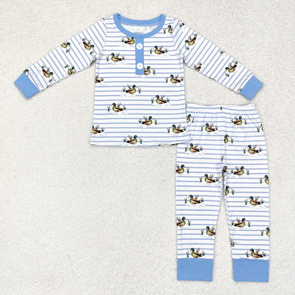 Baby Boy Blue Stripes Ducks Shirt Pants Pajamas Set