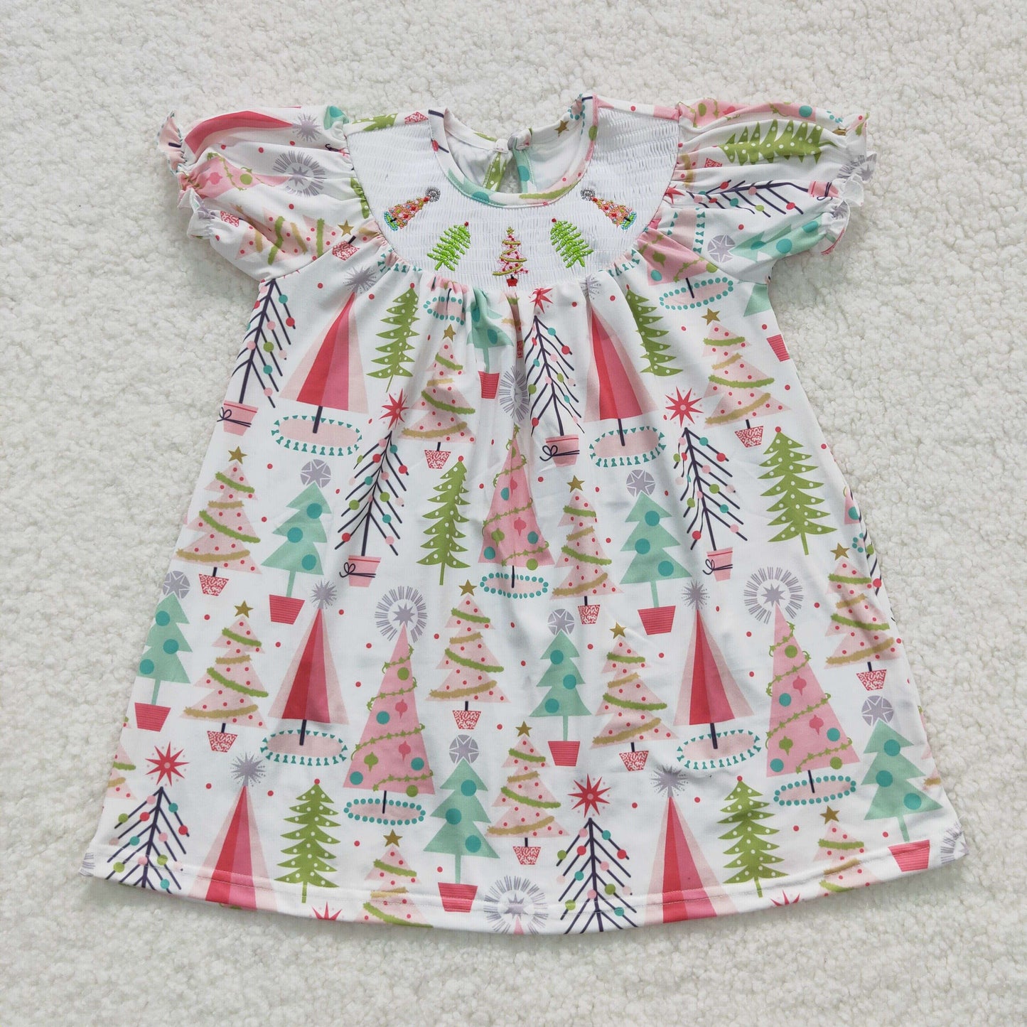 Girls Kids Short Sleeves Smocked Embroidery Trees Christmas Knee Length Dress RTS