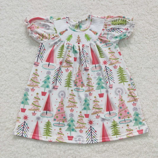 Girls Kids Short Sleeves Smocked Embroidery Trees Christmas Knee Length Dress RTS