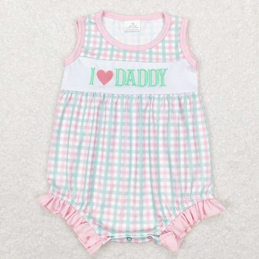 SR0713 Baby Girl Embroidery I Love Daddy Plaid Romper