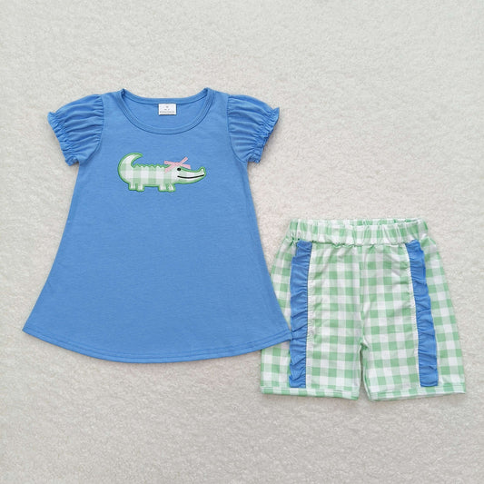 Baby Girl Short Sleeves Embroidery Crocodile Blue Shirt Plaid Shorts Set