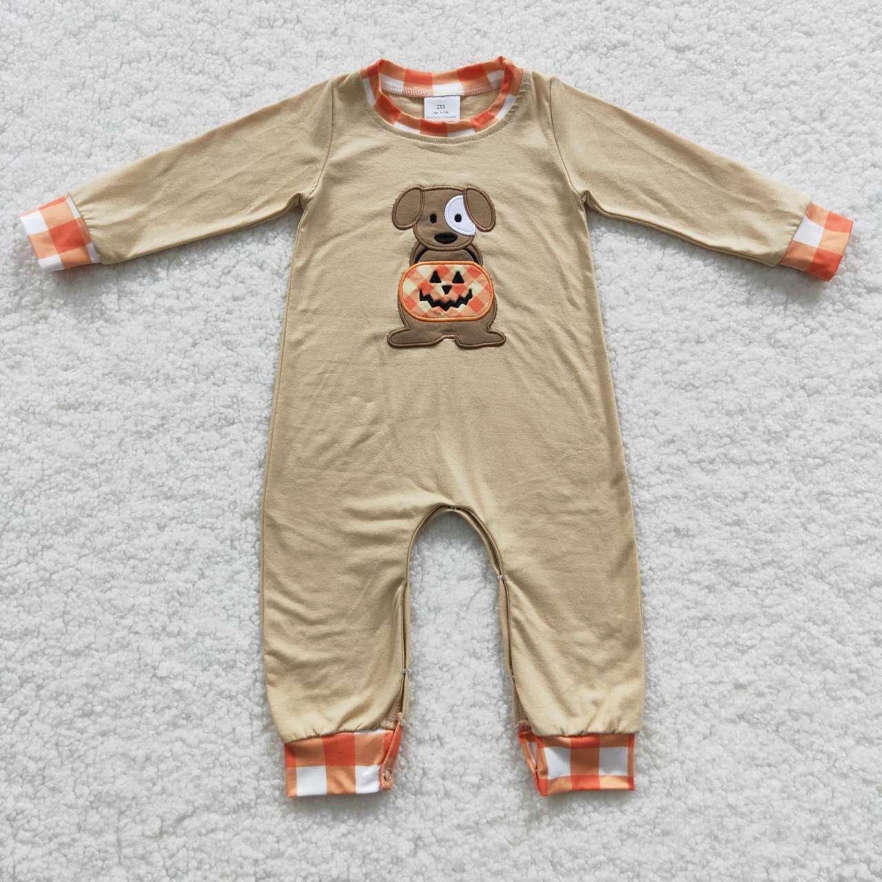LR0290 Halloween Baby Girl Long Sleeves Embroidery Pumpkin Dog Ruffle Romper
