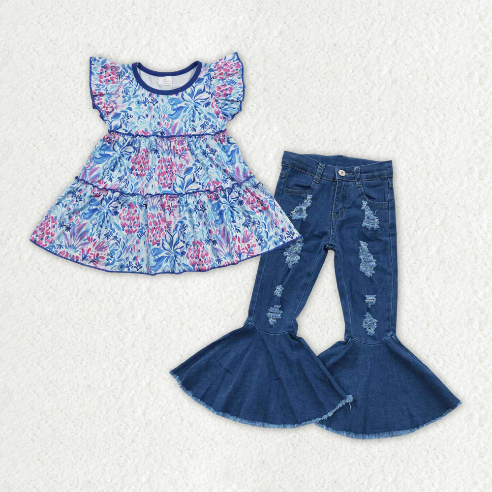 Baby Girl Short Sleeves Floral Tunic Blue Denim Bell Pants Set