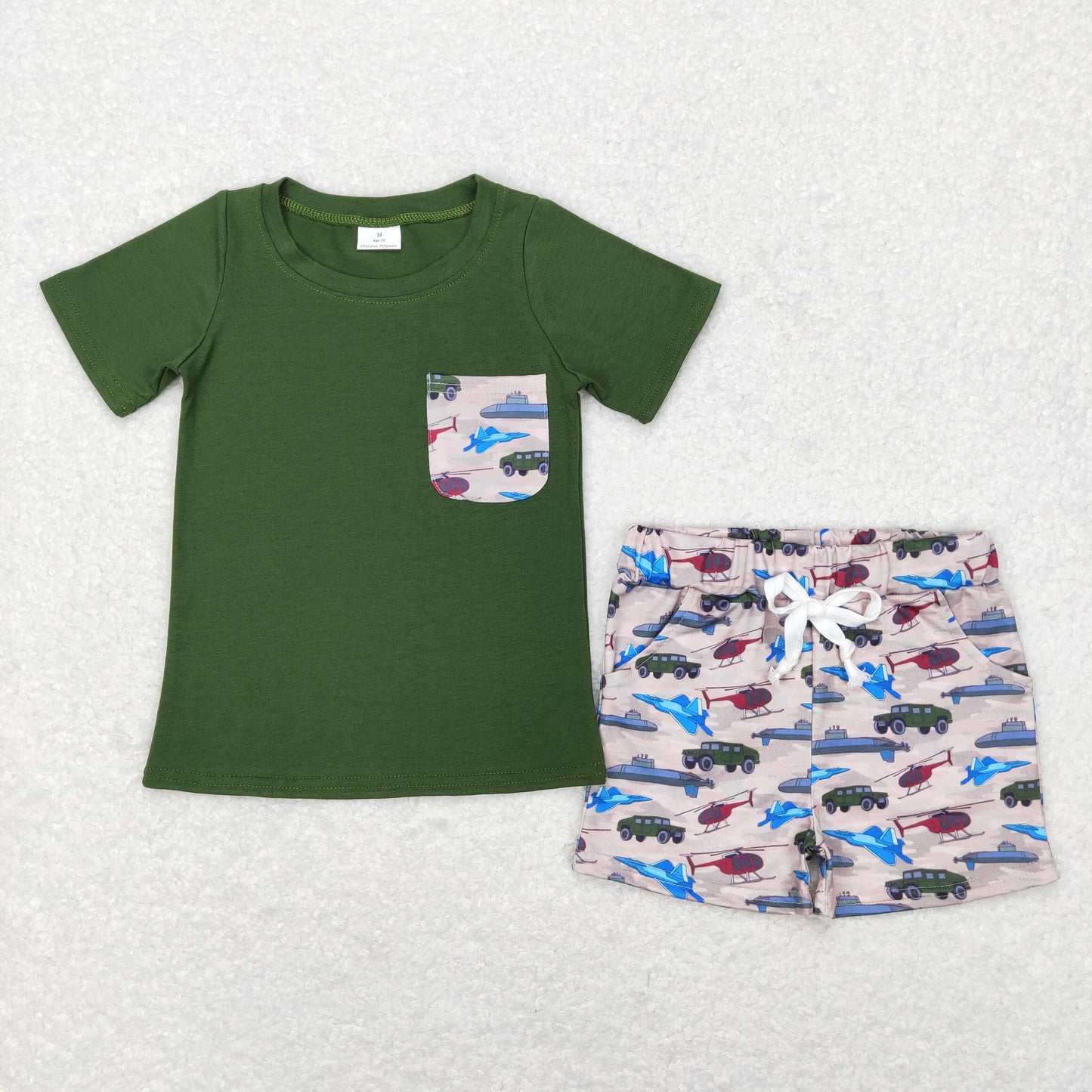 BSSO0338 Baby Boy Short Sleeves Green Shirt Pocket Shorts Set