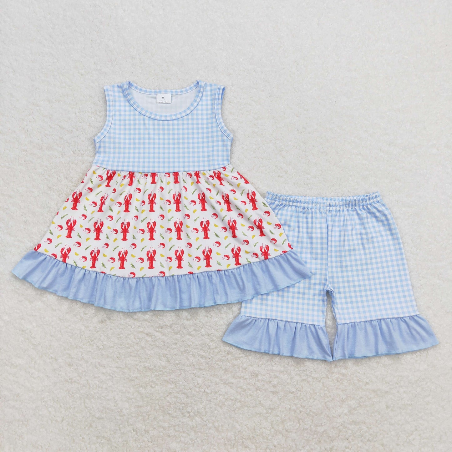 Baby Girl Sleeveless Crawfish Tunic Blue Plaid Shorts Summer Set