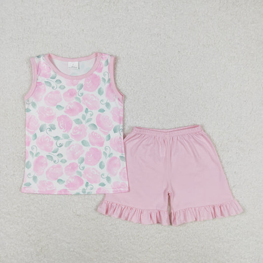 Baby Girl Sleeveless Pink Floral Tops Cotton Shorts Summer Set