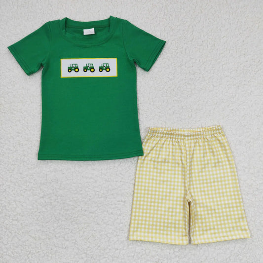 Promotion Baby Boy Green Short Sleeves Embroidery Tractors Cotton Shirt Shorts Outfit RTS
