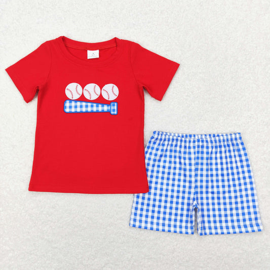 BSSO0388 Baby Boy Short Sleeves Embroidery Baseball Shirt Plaid Shorts Summer Set