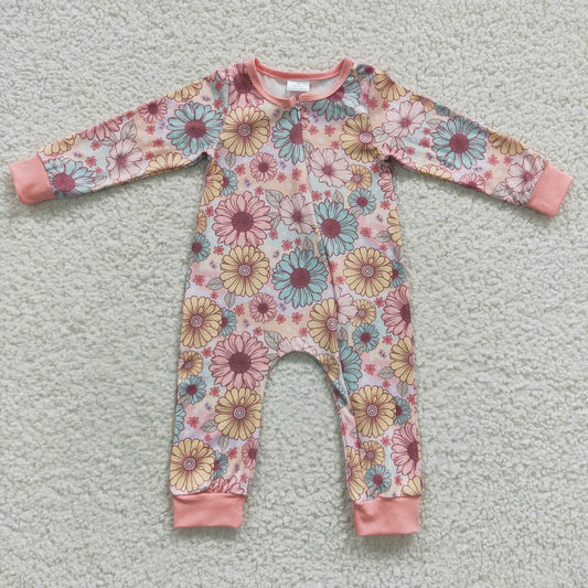 LR0301 Baby Girl Long Sleeves Floral Zipper Romper