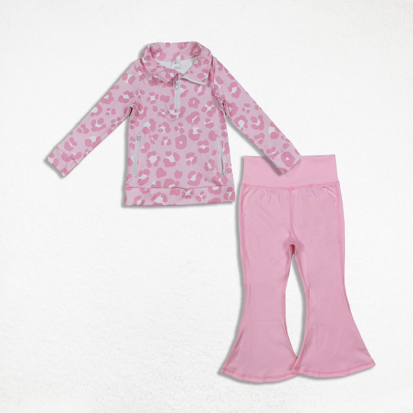 Kids Girls Long Sleeves Pink Leopard Zipper Pockets Cardigan Pants Yoga Active Set RTS(副本)
