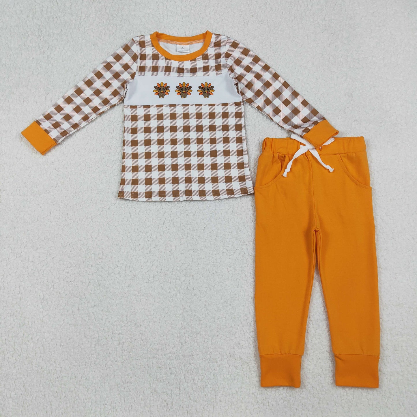 Boys Kids Embroidery turkey Plaid Shirt Orange Pockets Pants Thanksgiving Set RTS