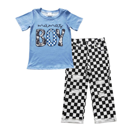 Baby Boy Short Sleeves Mama's Boy Shirt Checkered Denim Pants Jeans Outfit