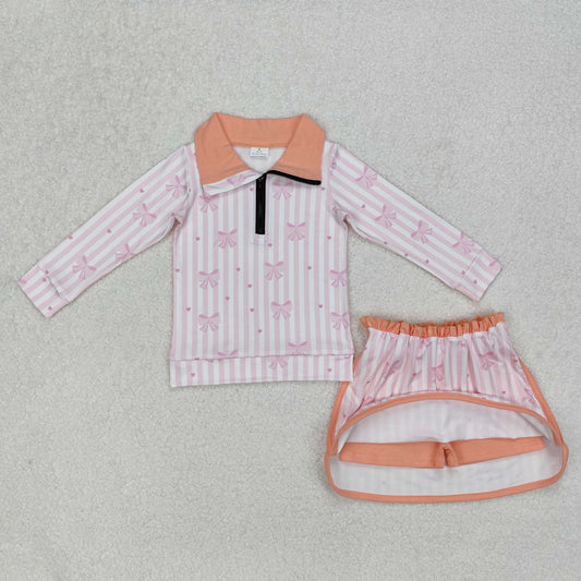 Baby Girl Long Sleeves Bows Hearts Stripes Zipper Shirt Skirts Clothes Pink Set RTS