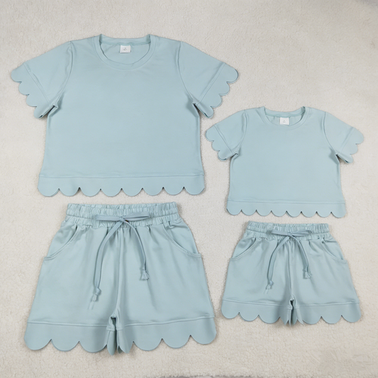 Sibling Baby Girls Adult Women Short Sleeves Blue Cotton Shirts Shorts Scallop Sets Summer Clothes RTS