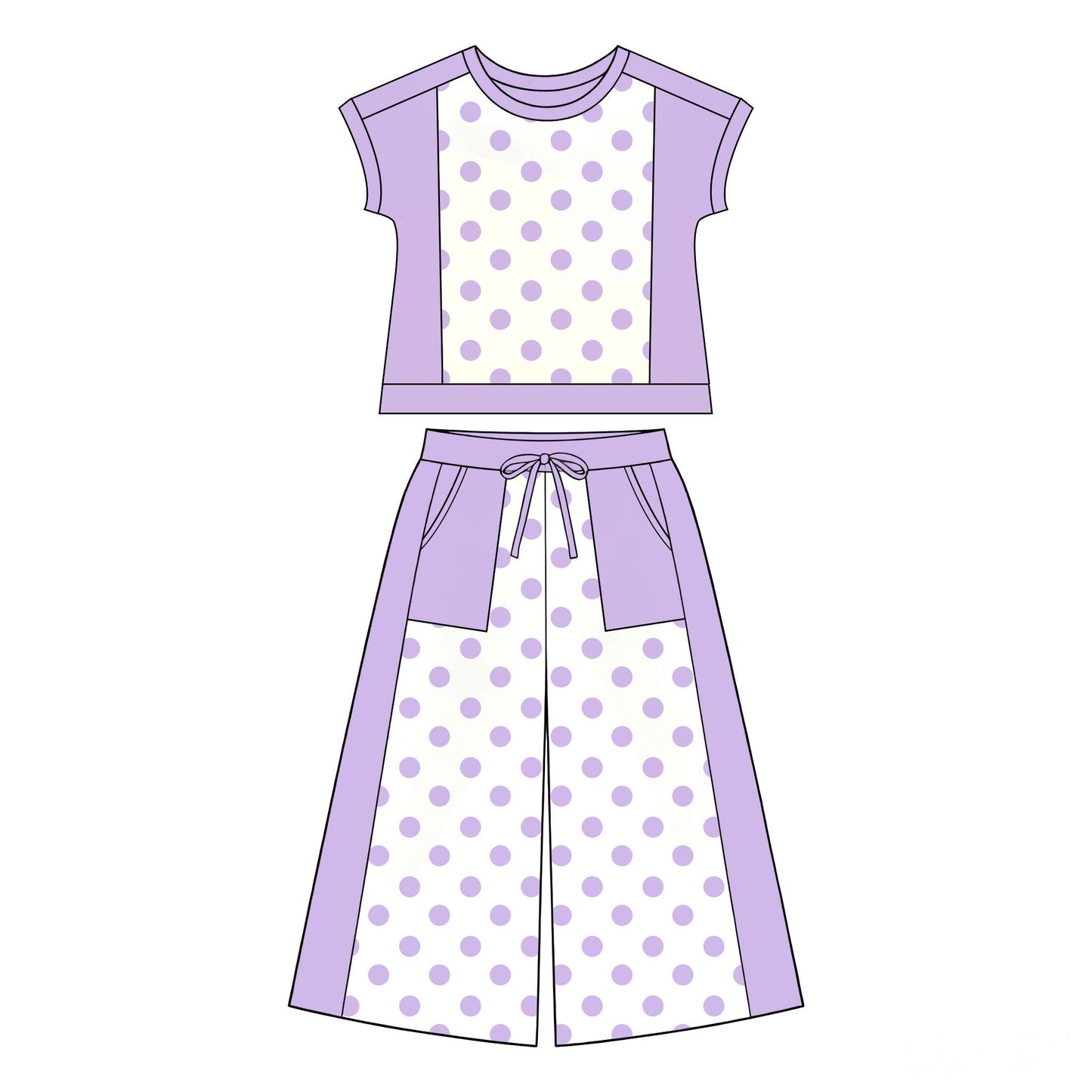 ( Moq 5 ) Preorder Baby Girl Kids Short Sleeves Dots Shirt Pockets Pants Purple Set Clothes