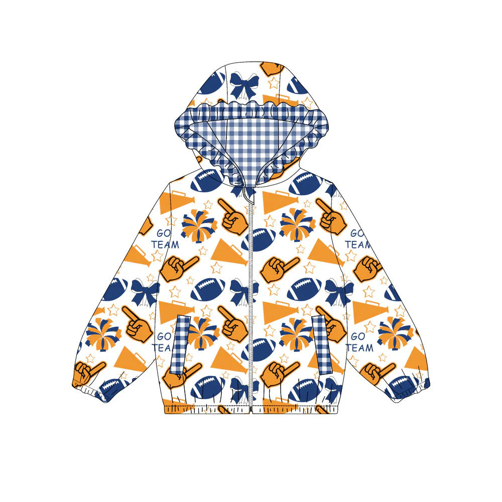 ( Moq 5 ) Baby Girls Kids Bows Cheer Pockets Blue Plaid Hoodie Zipper Football Jacket Tops