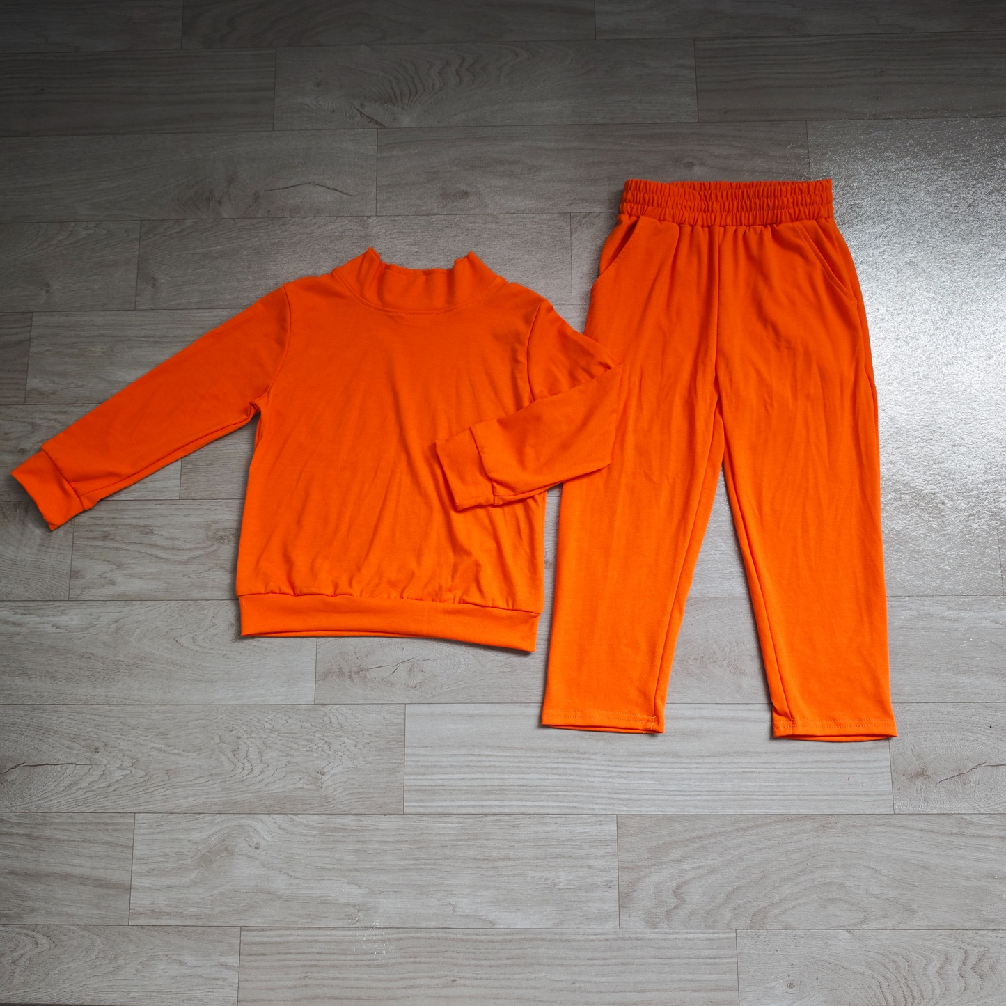 ( No moq ) Preorder Baby Girl Kids Long Sleeves Orange Shirt Pockets Pants Cotton Set Clothes