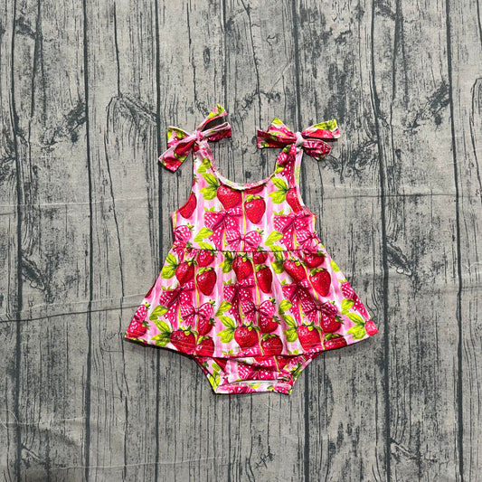 ( No moq ) Preorder Baby Girls Infant Sleeveless Strawberry Bows Summer Ruffle Romper