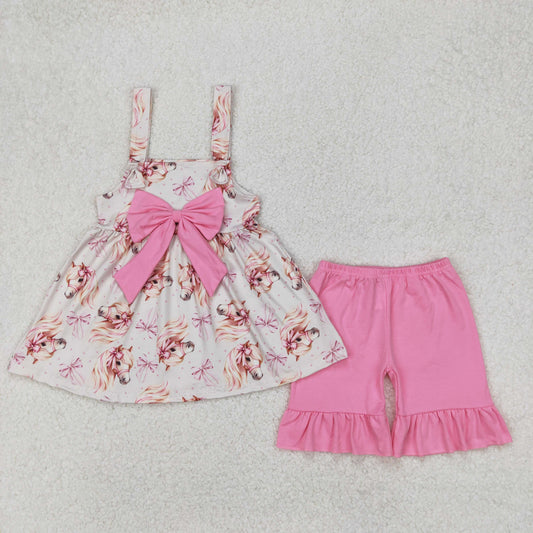 Baby Girl Straps Western Horse Bows Tunic Pink Ruffle Shorts Clothes Set RTS