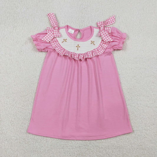 Baby Girls Short Sleeves Embroidery Smocked Floral Crosses Easter Pink Knee Length Dress RTS