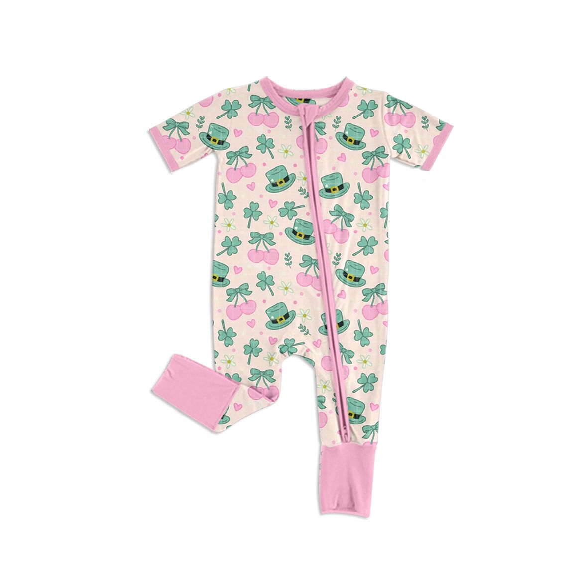 ( Moq 5 ) Preorder Baby Girls Kids Clovers Flower Bows Zipper Footie Romper St Patrick Clothes