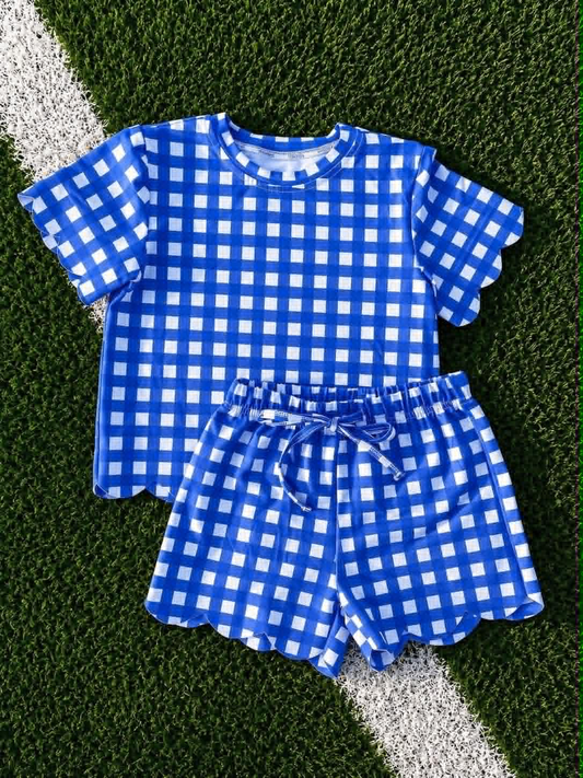 ( Moq 5 ) Preorder Baby Girls Kids Short Sleeves Blue Plaid Shirt Scallop Shorts Set Clothes