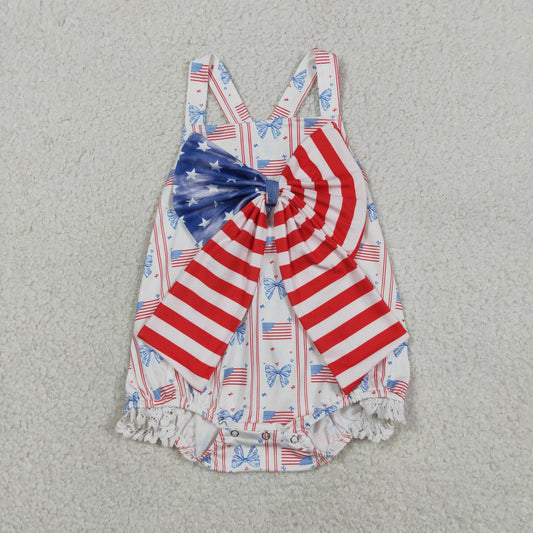 Baby Girls Kids Sleeveless Flags Bows Stars 4th of July Romper RTS