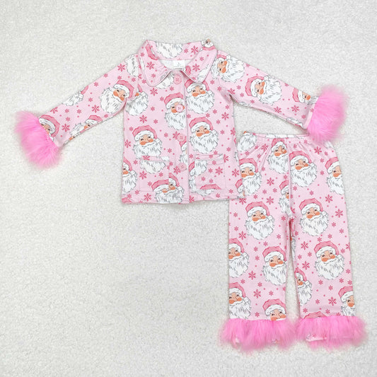 Baby Girl Christmas Fur Long Sleeves Buttons Shirt Pants Pajamas Santa Pink Set