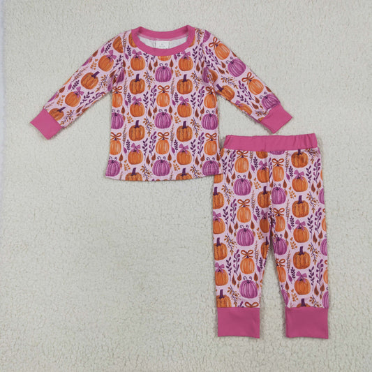 Baby Girl Long Sleeves Bows Pumpkins Shirt Pants Pajamas Fall Thanksgiving Set RTS