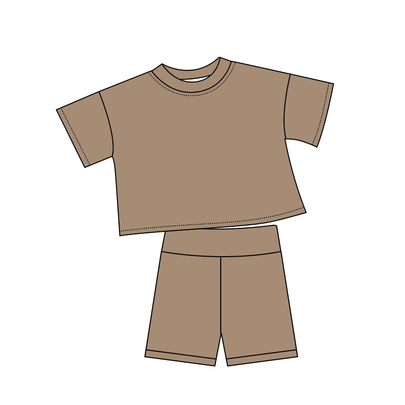 ( Moq 5 ) Preorder Baby Kids Toddler Short Sleeves Brown Shirt Shorts Summer Cotton Set