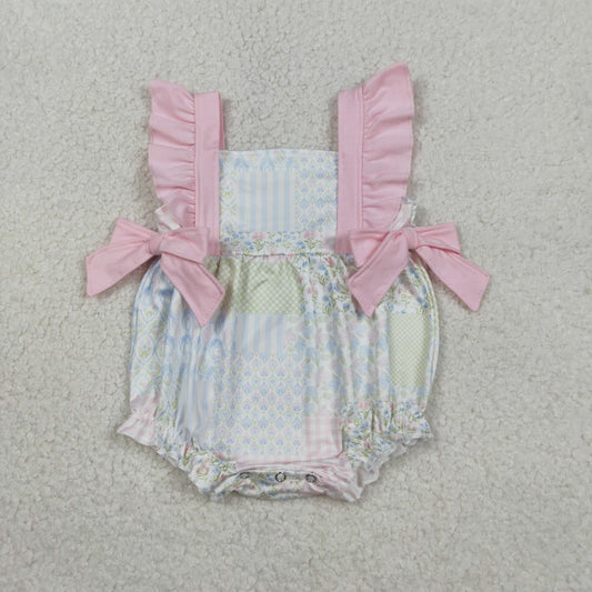 Baby Girls Infant Short Sleeves Floral Pink Bows Summer Bubble Romper