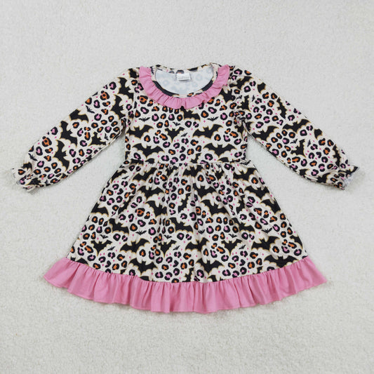 Baby Girl Infant Long Sleeves Bats Leopard Halloween Ruffle Dress RTS