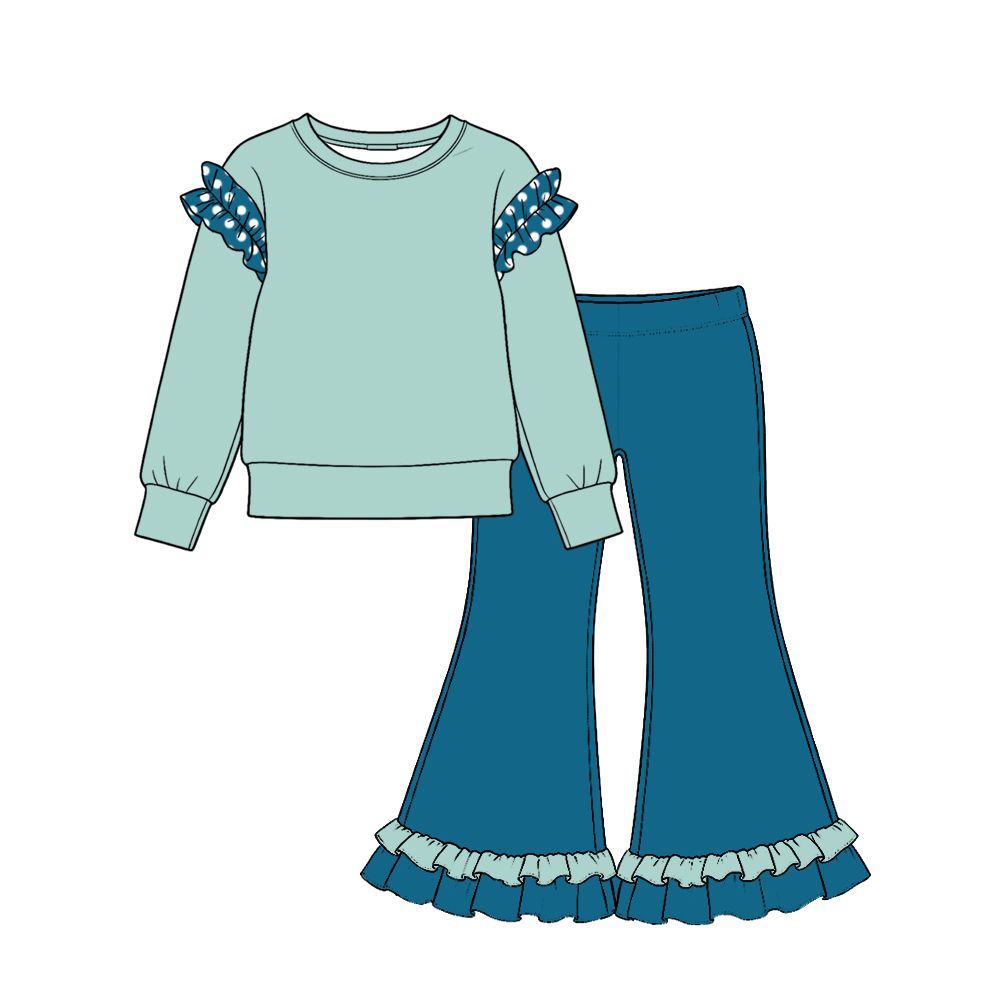 ( Moq 5 ) Preorder Baby Girls Kids Green Long Sleeves Shirt Ruffle Pants Set Cotton Clothes
