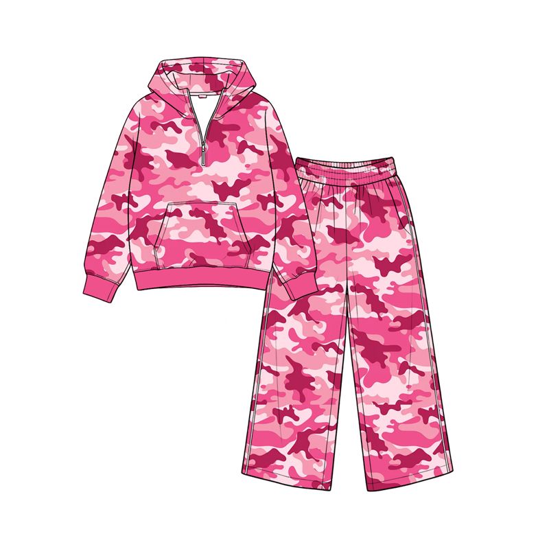 ( Moq 5 ) Preorder Baby Girls Kids Hoodie Zipper Pullover Pockets Pants Pink Camo Set Clothes