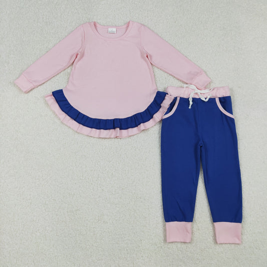 Baby Girl Long Sleeves Ruffle Pink Tops Blue Pockets Pants Set RTS