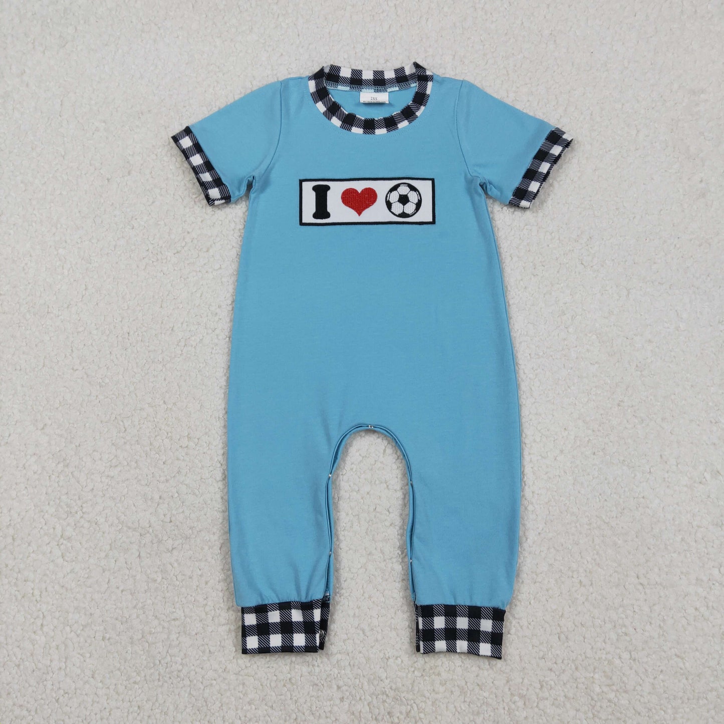Baby Boys Short Sleeves Embroidery I Love Soccer Blue Romper RTS