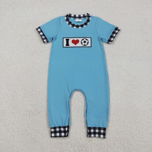 Baby Boys Short Sleeves Embroidery I Love Soccer Blue Romper RTS