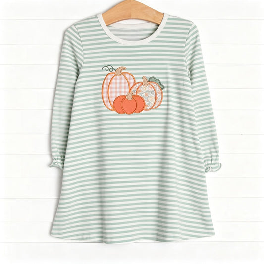 ( Moq 5 ) Preorder Baby Girls Kids Long Sleeves Pumpkins Green Stripes Knee Length Dress Fall Clothes
