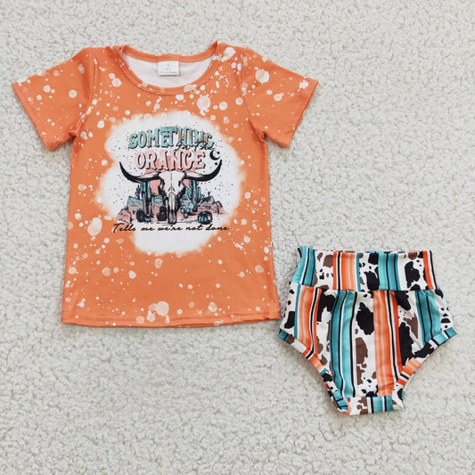Promotion Baby Kids Summer Cow Orange Western Bummie Outfit RTS