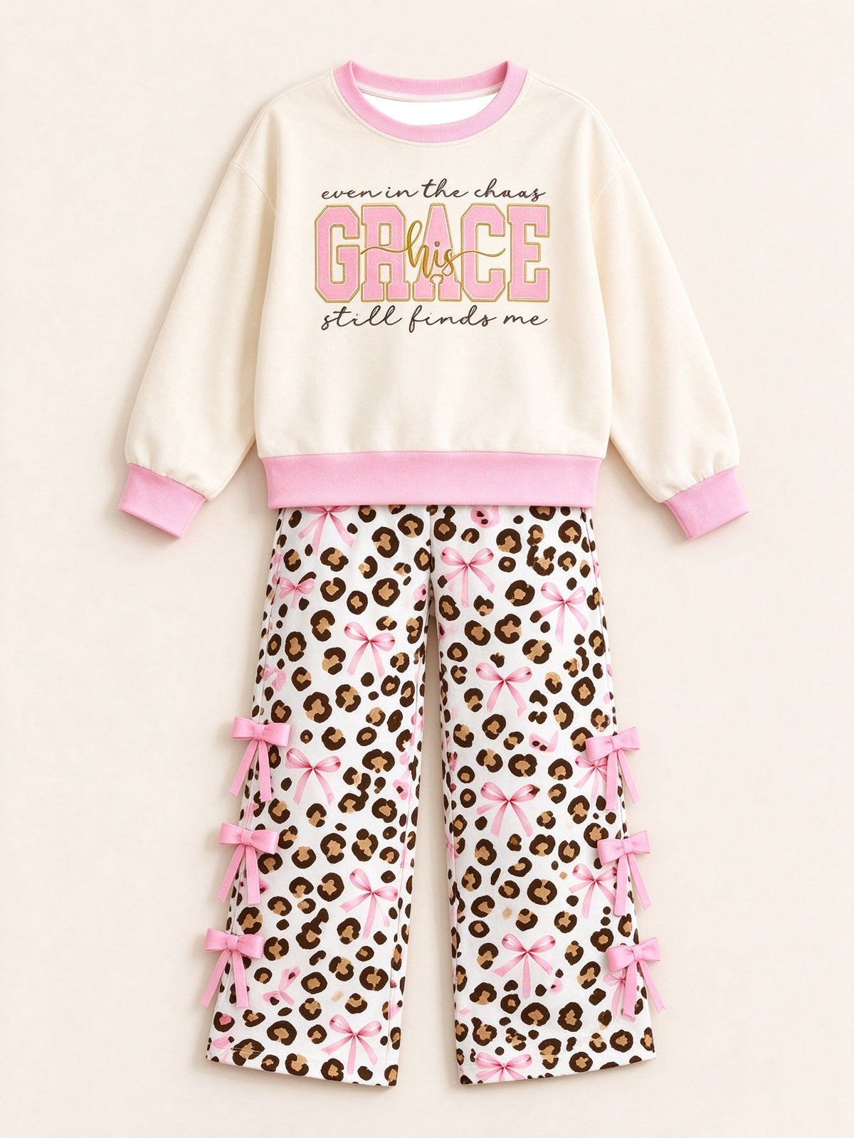 ( Moq 5 ) Preorder Baby Girls Kids Long Sleeves Shirt Leopard Bows Pants Set Clothes