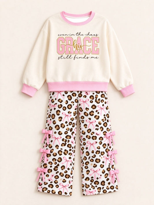 ( Moq 5 ) Preorder Baby Girls Kids Long Sleeves Shirt Leopard Bows Pants Set Clothes