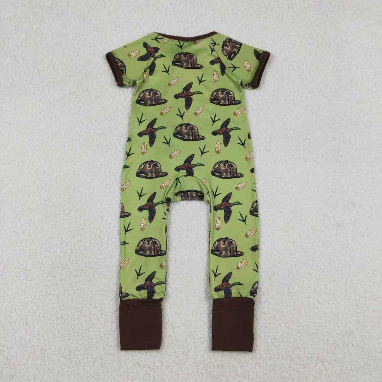 Sibling Baby Boys Short Sleeves Ducks Camo Hats Hunting Green Zipper Romper Outfit Pajamas RTS
