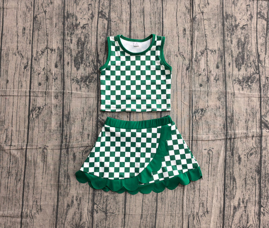 ( No moq ) Baby Girls Kids Green Checked Tops Scallop Skirt Shorts Yoga Active Set Clothes