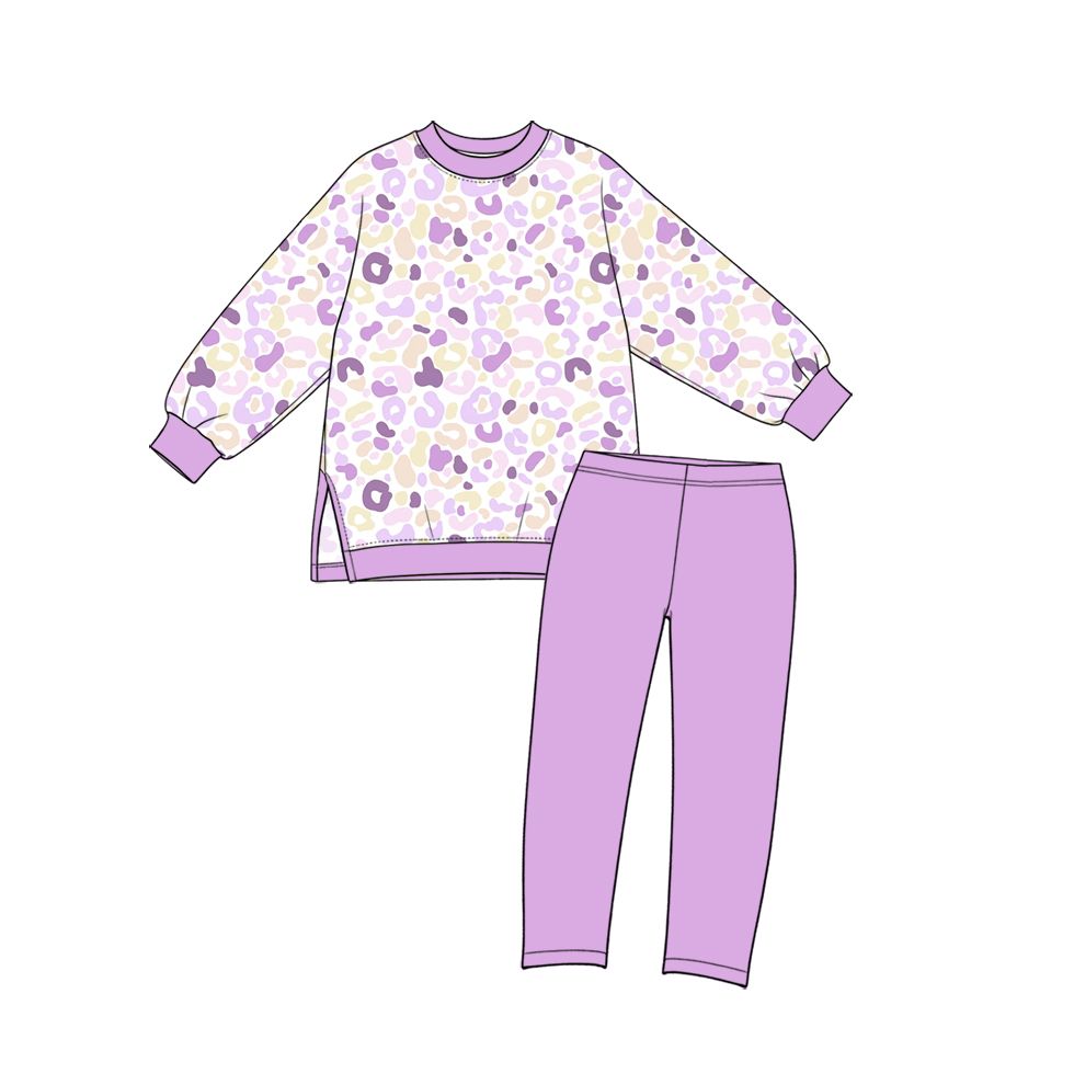 ( Moq 5 ) Preorder Baby Girls Kids Long Sleeves Leopard Tops Purple Leggings Yoga Active Set Clothes