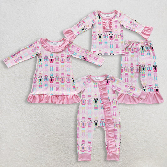 Sibling Baby Girls Long Sleeves Soldiers Christmas Pink Zipper Romper Dress Set Clothes RTS